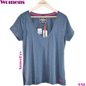SuperDry Women's XXL Blue Plunge Vneck Tshirt NWT